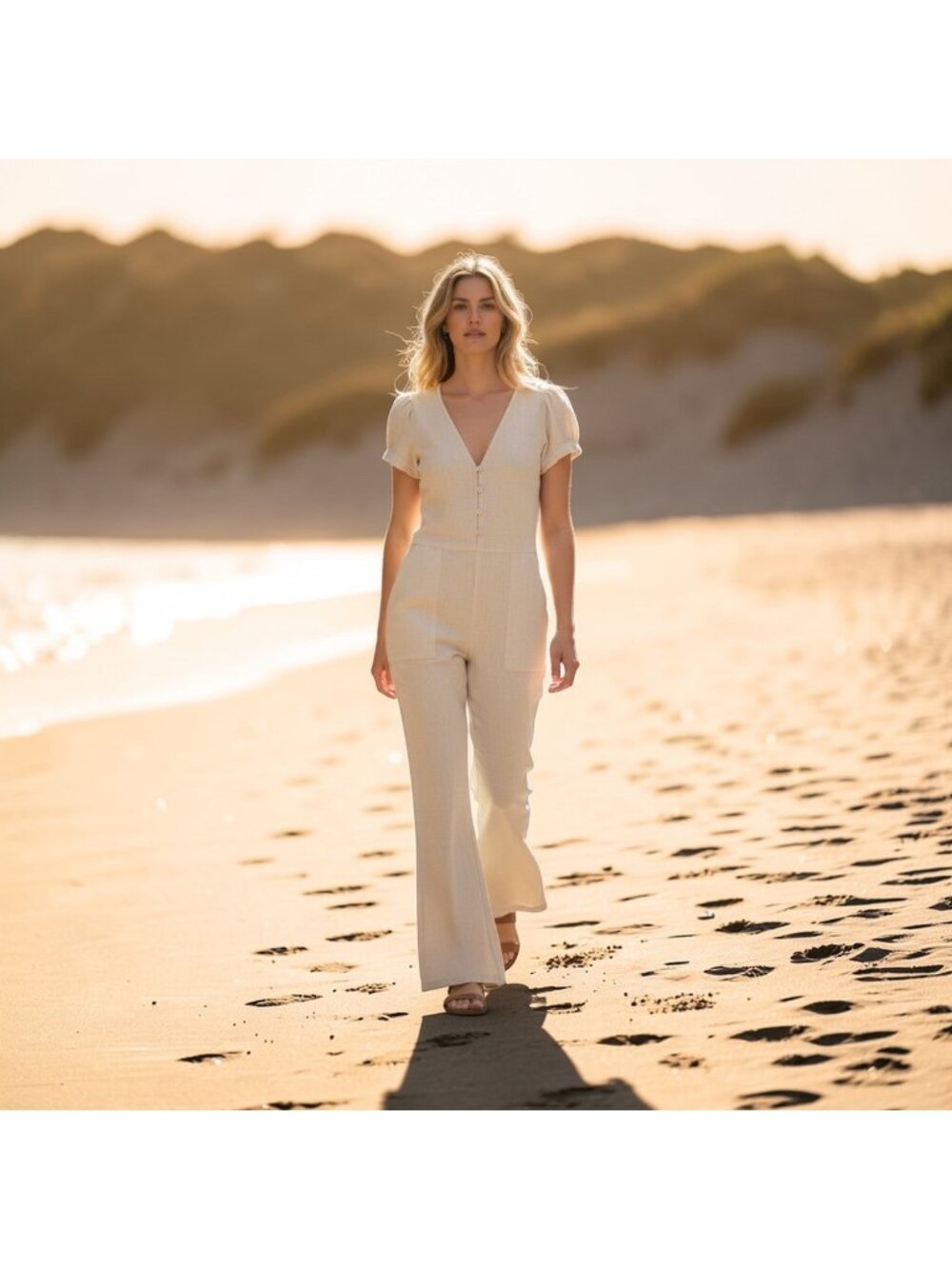 9SEED Linen Flare Coverall Jumpsuit Small Butter Yellow Button Cottage Coastal